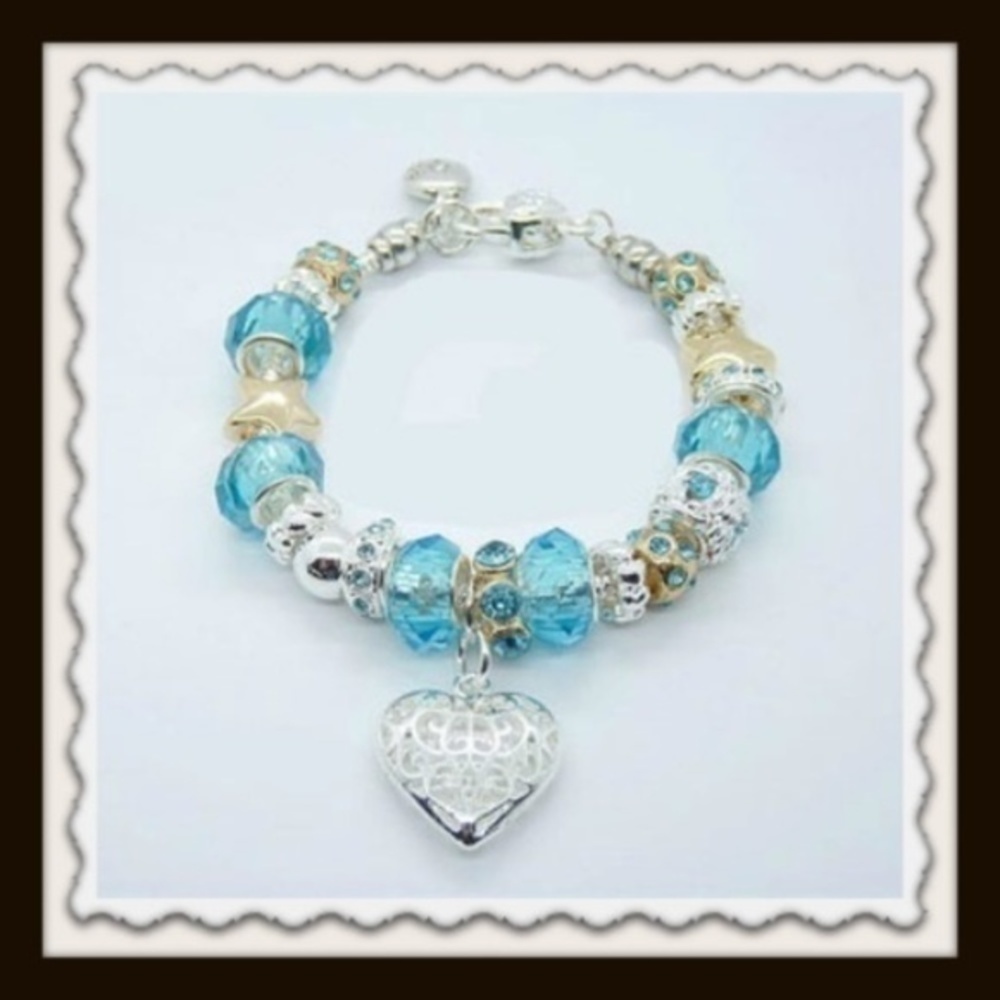 💙💛 Heart Silver, Blue & Yellow Crystal Glass Bracelet 💛💙 - Picture 5 of 5